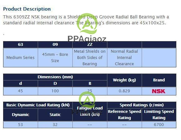 1PC NSK 6309 ZZ Deep Groove Radial Ball Bearing 40x90x23mm #P