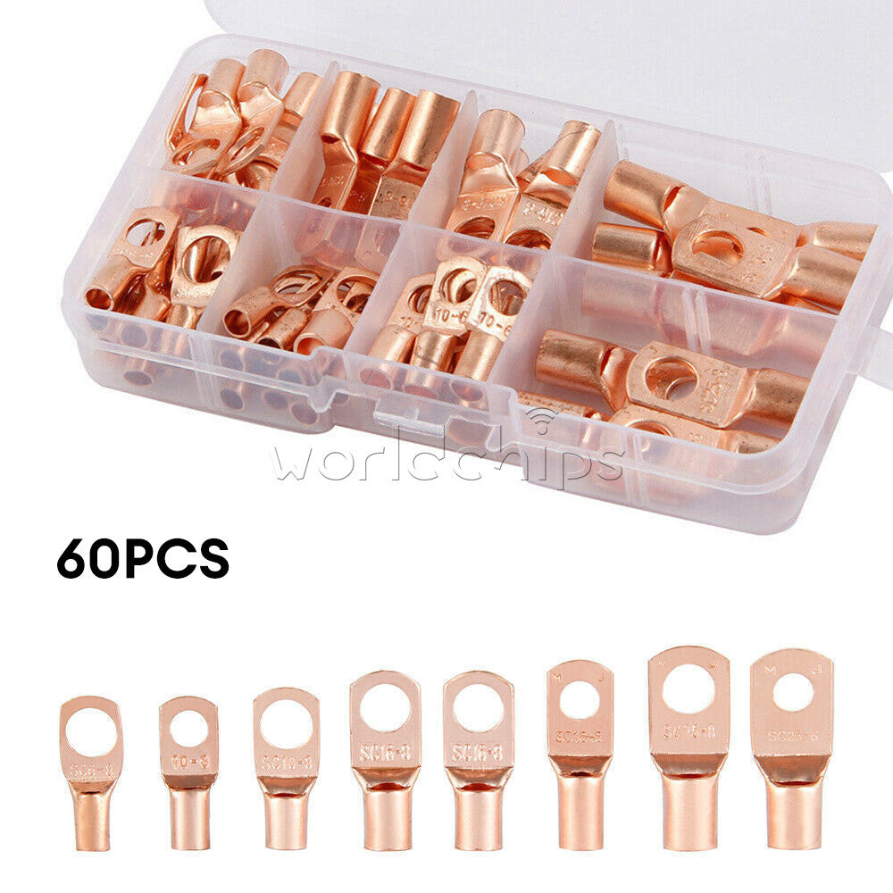 60PCS Battery Lugs Terminal Ring Connector Tinned Copper Wire Terminals Kit