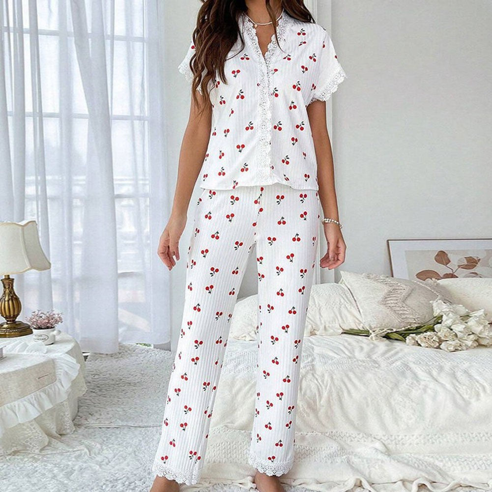 Women Lace Trim Short Sleeve Top Long Pants For Cherry Print 2 Piece Pajama Set
