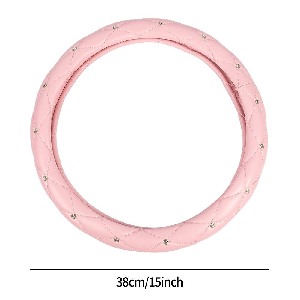 Pink Car Steering Wheel Cover 38cm/15 PU Leather Bling Diamond For Womens Girls