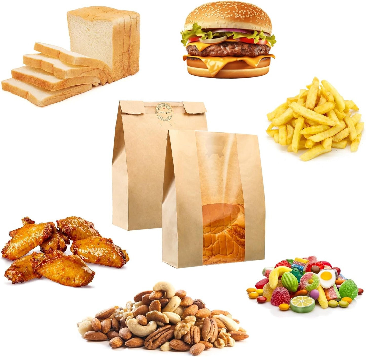 50-Pack Bread Bags with Window, 13.7x8.2x3.7in,Thick Paper,with Sealing Stickers