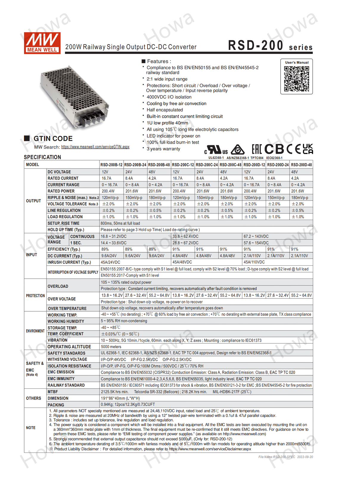 Mean Well Switching Power Supply RSD-200B/C/D 200W DC To DC 12V24V48V110 Railway