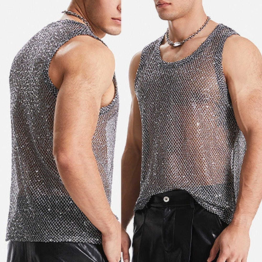 Men's Black Fishnet Party Tops Sexy Glitter Sheer See Through Tank Sizes S 3XL