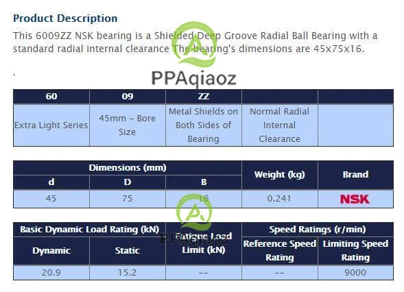 2PCS NSK 6009 ZZ Deep Groove Radial Ball Bearing 45x75x16mm #P