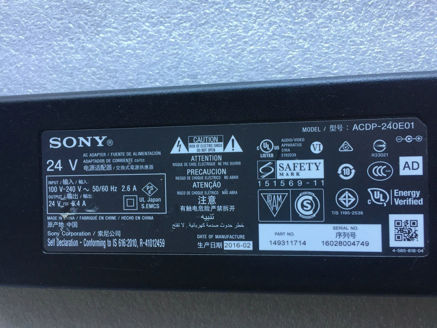 1pcs  AC Adapter Power Charger For LCD TV ACDP-240E01 24V 9.4A No Cable