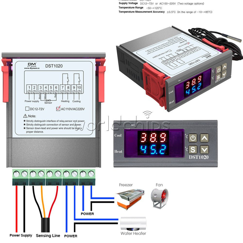 DST1020 Dual Display LED Digital Thermostat Temperature Controller DS18B20 Probe