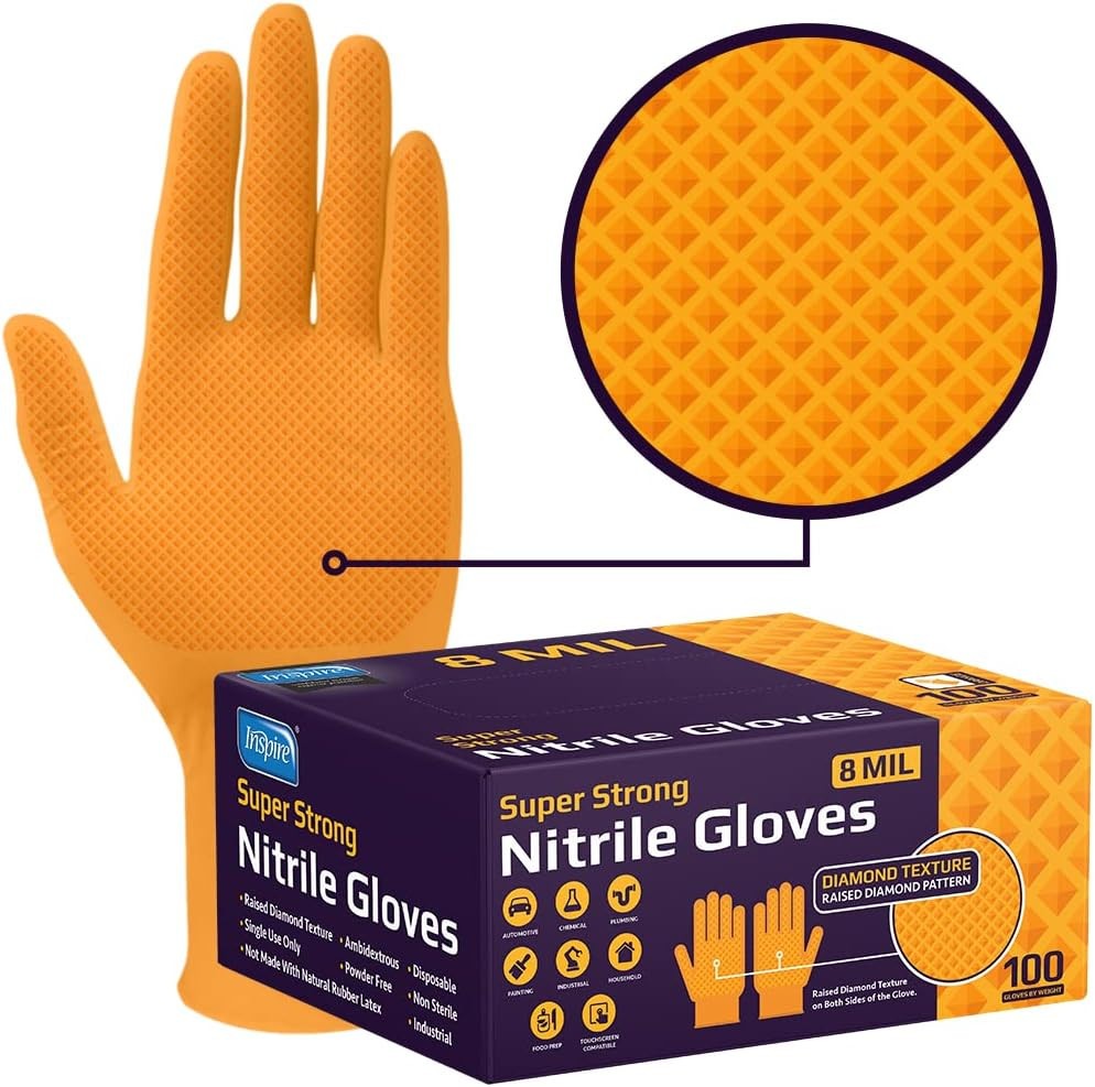 Inspire Heavy Duty Orange Nitrile Gloves | ULTRA 8 Mil Diamond Textured Grip | I