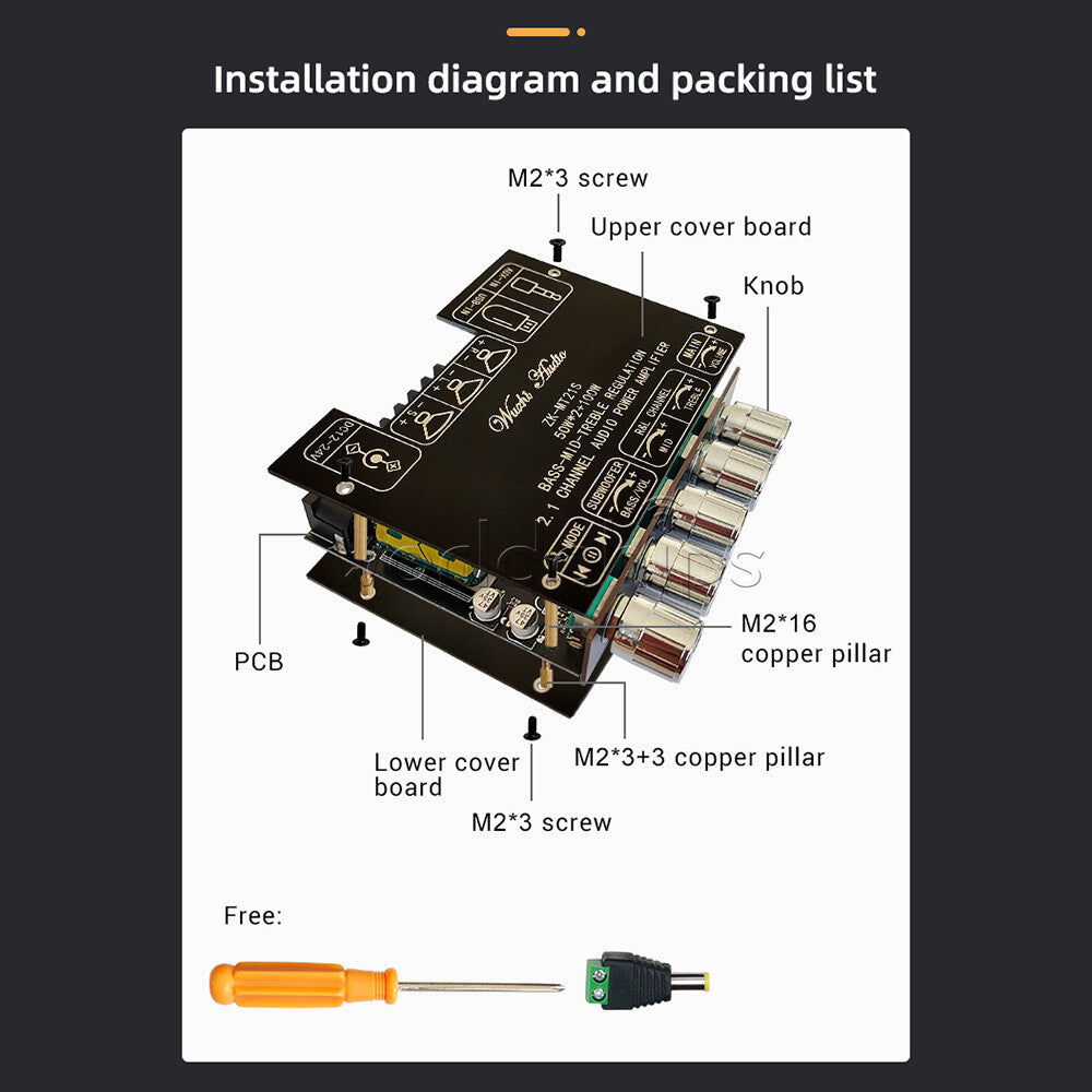 Bluetooth 5.0 Audio Amplifier Module High Low Tone 50W*2 Stereo +100W Subwoofer