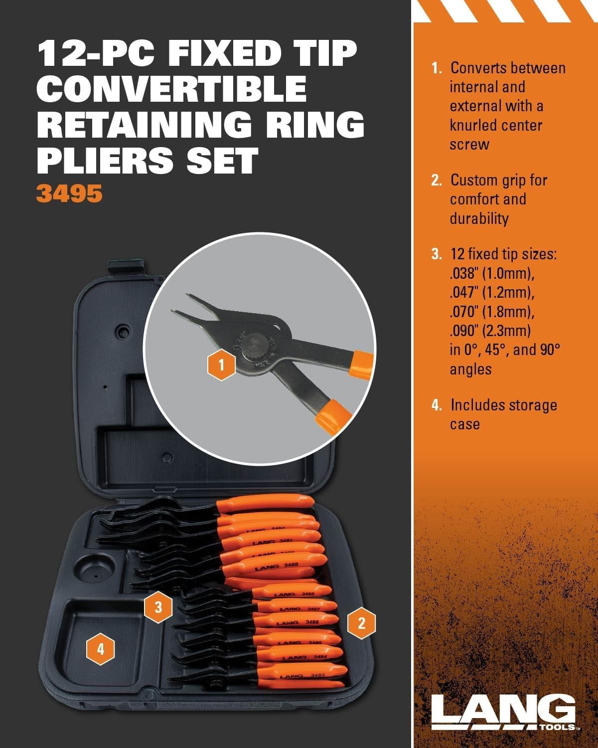 12-Piece Snap Ring Pliers Set, 3495, Fixed Tip, Internal/External