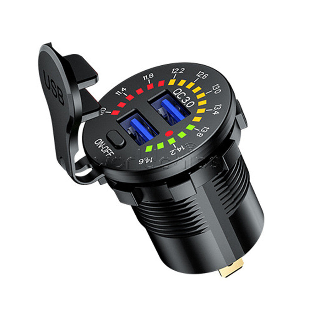 QC3.0 Dual-USB Car Charger Socket LED Digital Voltmeter Voltage Meter DC12V~24V