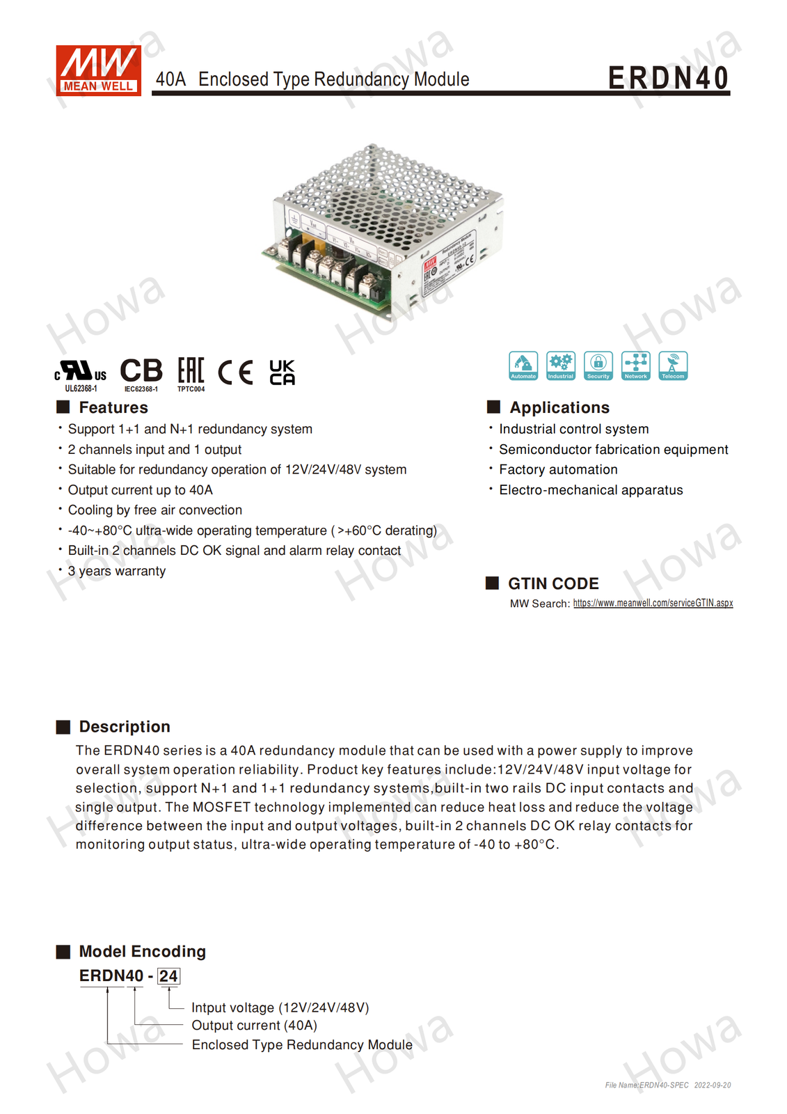 Mean Well Switching Power Supply ERDN40-12/24/48V 40A Redundant Module
