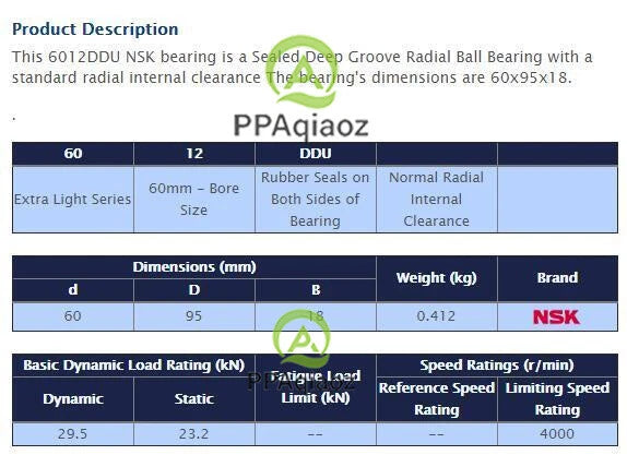 1PC NSK 6012 DDU Deep Groove Radial Ball Bearing 60x95x18mm #P