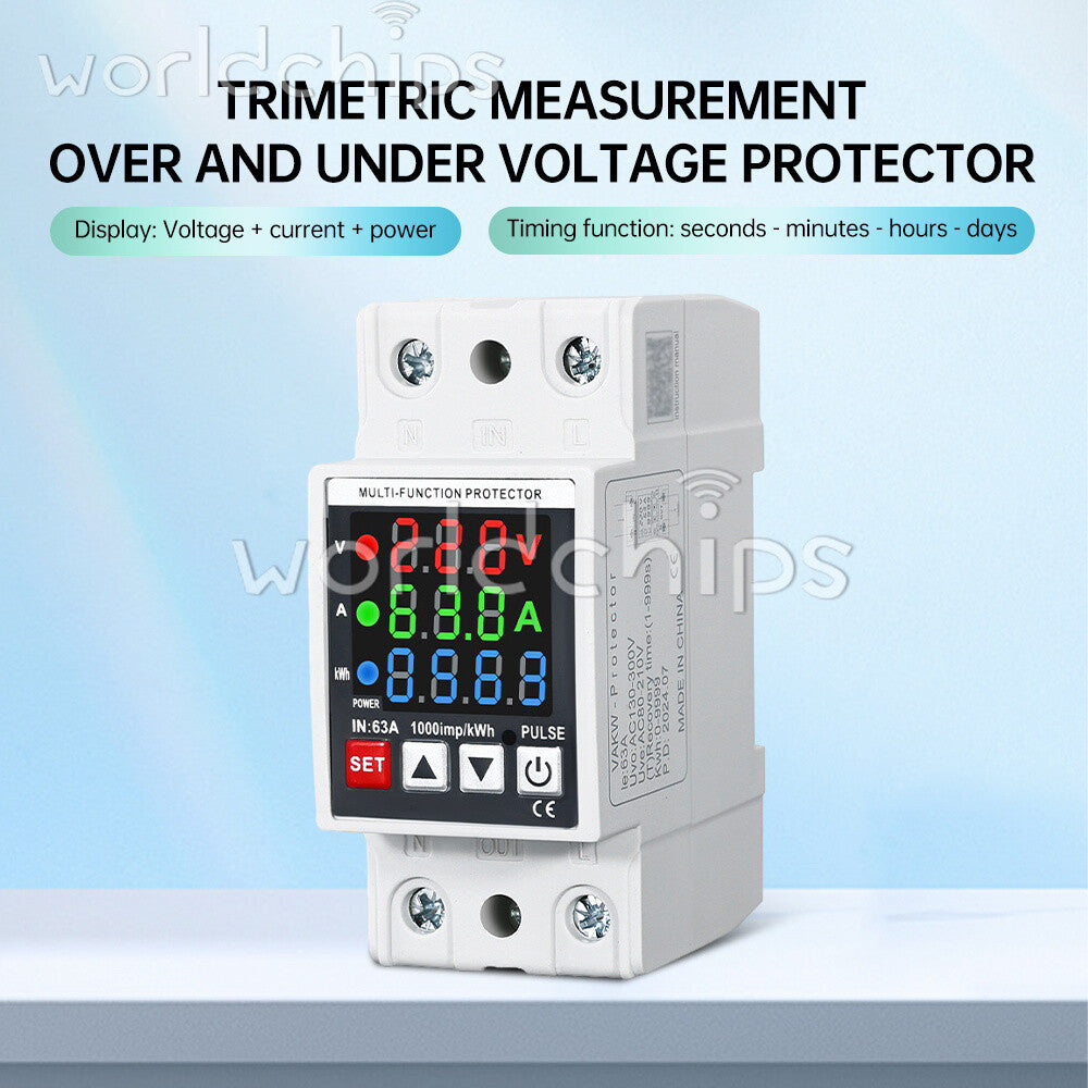 35mm Rail Self-Reclosing Voltage Current Power Meter KWh Voltmeter Ammeter 63A