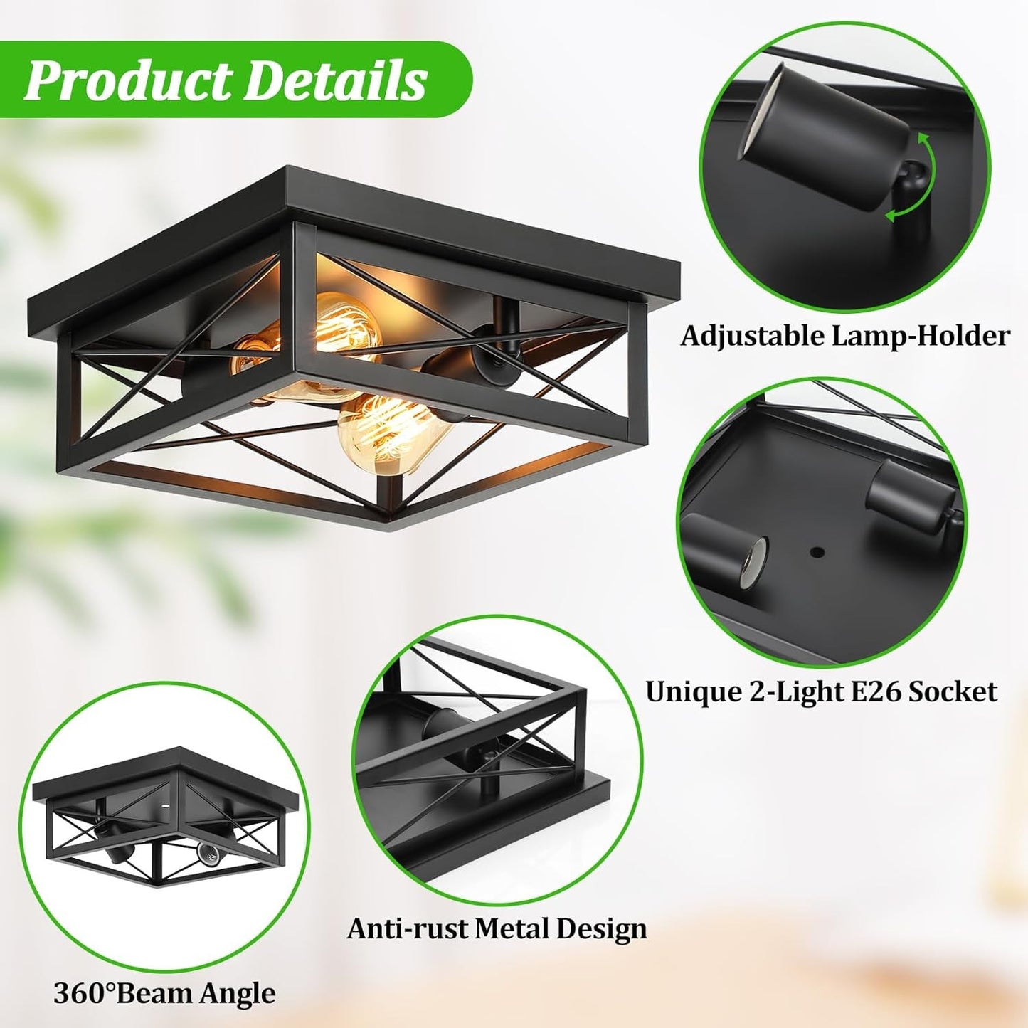 2-Light Industrial Flush Mount Ceiling Fixture, Square, Farmhouse Style, Black