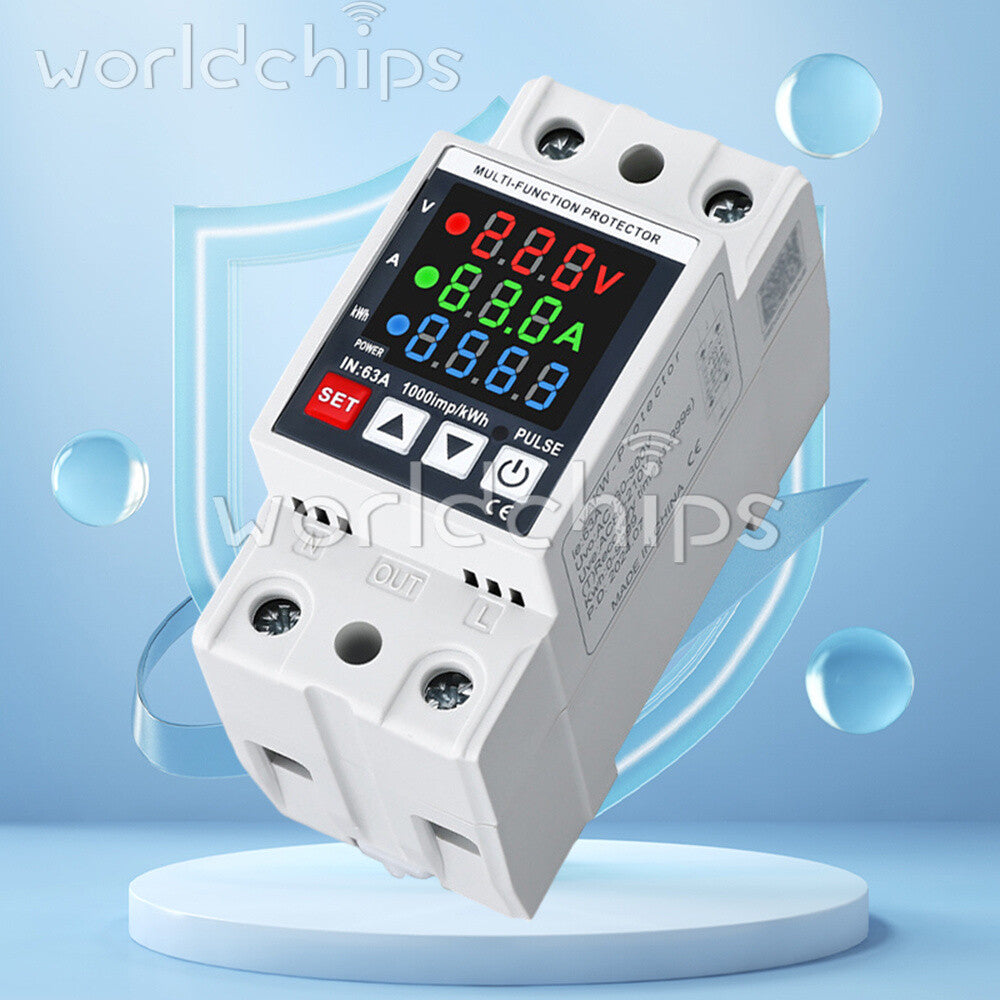 35mm Rail Self-Reclosing Voltage Current Power Meter KWh Voltmeter Ammeter 63A