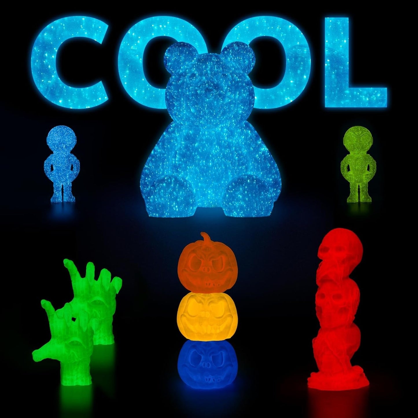1.75mm Glow-in-Dark PLA 3D Filament, 1kg Spool, Firefly Blue, UV Reactive
