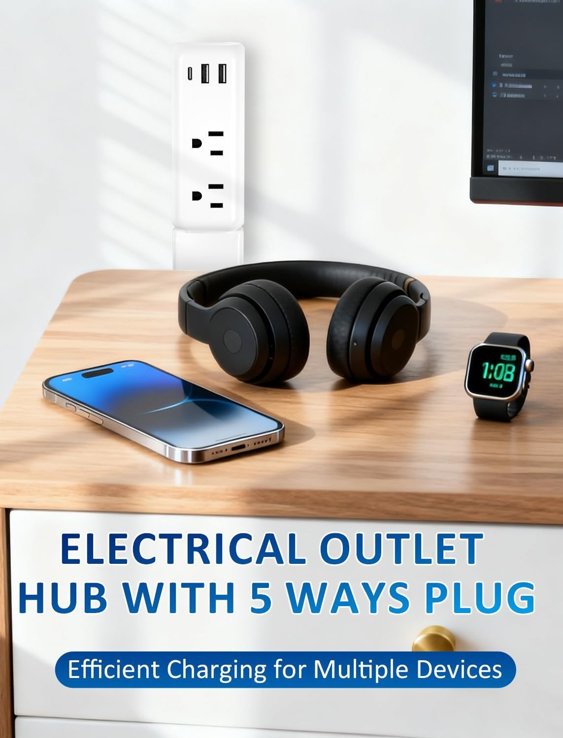 Outlet Extender Stick, 22"-34" Vertical, 2 AC Outlets & USB Ports, Rotating