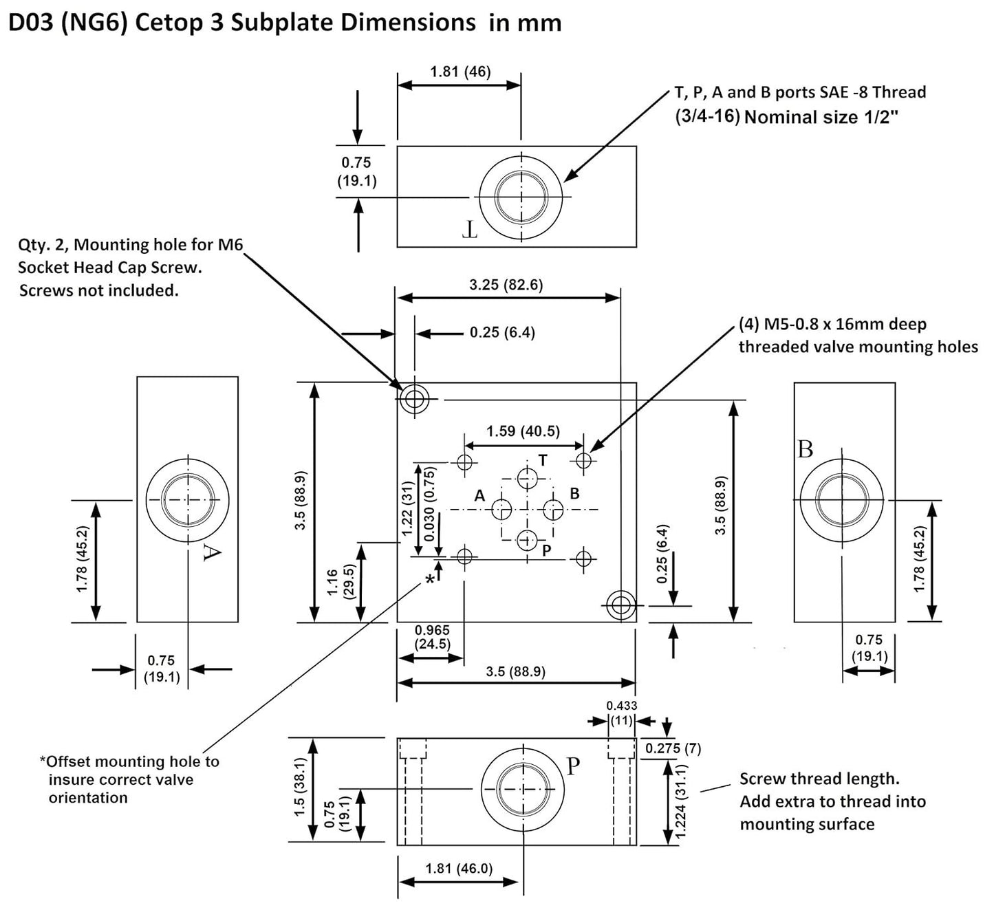 Universal Hydraulic Valve Mounting Sub Plate - D03 NG6, SAE -8 Ports