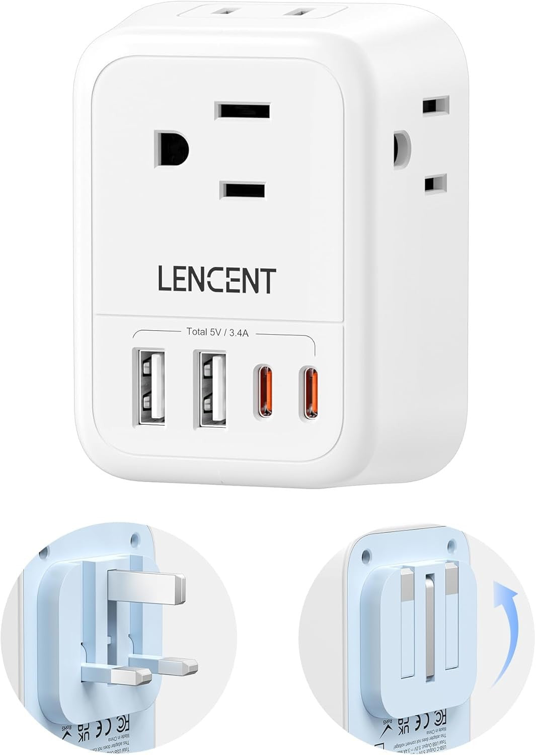 LENCENT Foldable US to UK Ireland Plug Adapter, Type G Travel Outlet Adapter wit