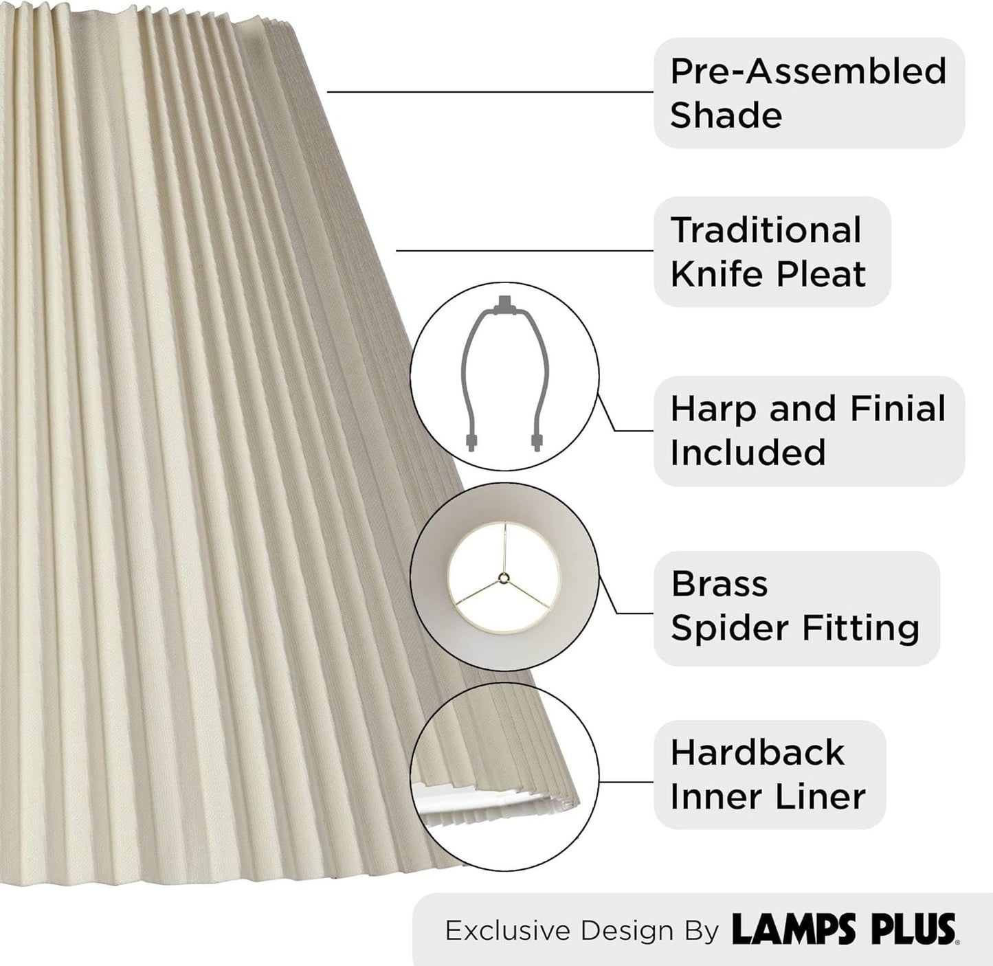 Eggshell Pleated Empire Lamp Shade, 9x17x11.75 Inch - Spider Fit with Harp