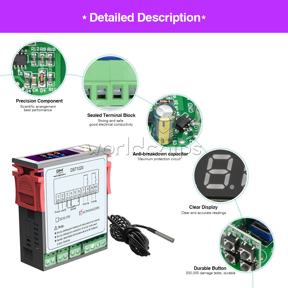 AC110-230V Digital DST1020 Dual Display Thermostat Temperature Controll  DS18B20