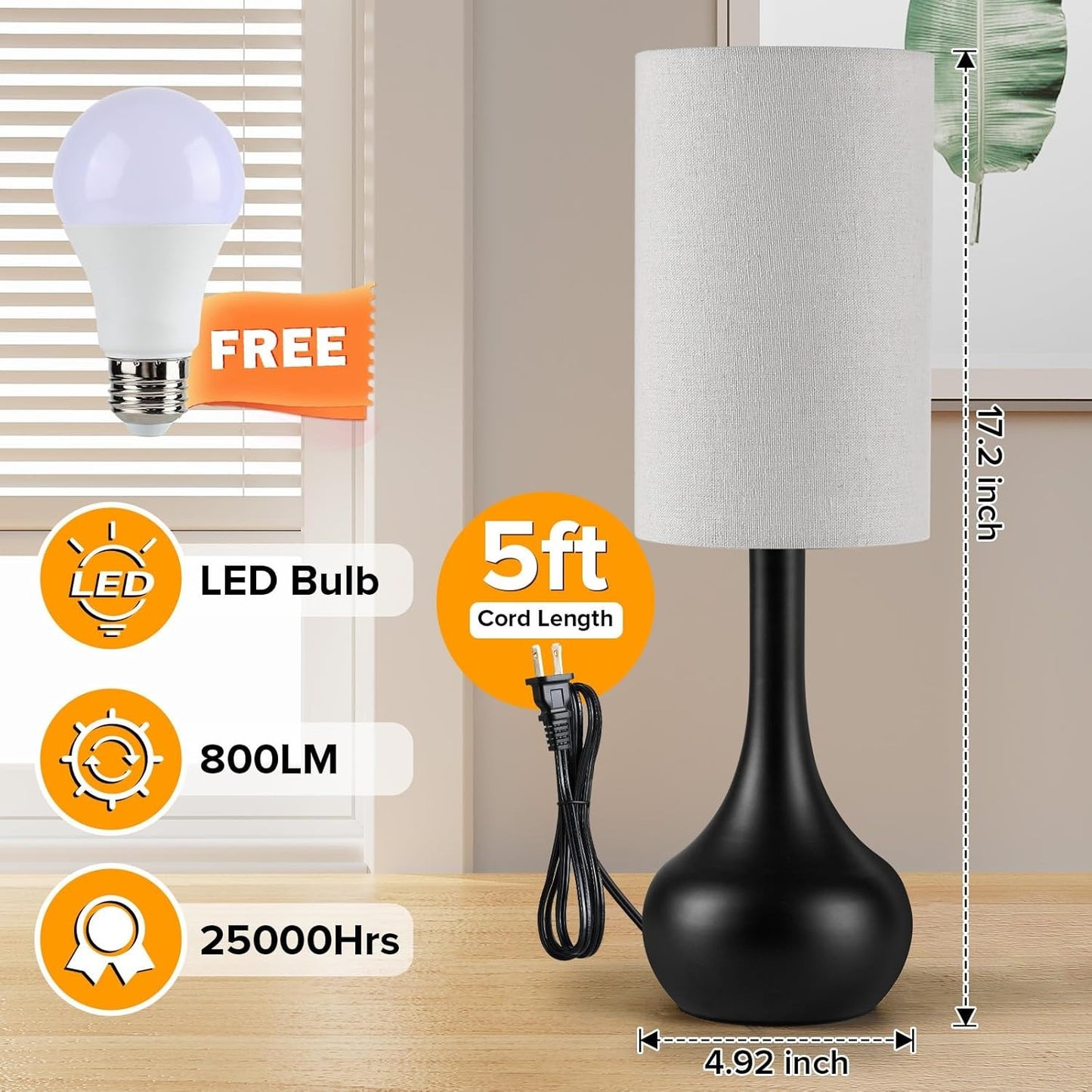 Touch Table Lamp for Nightstand, 3-Way Dimmable, Space Saving & No Assembly Requ
