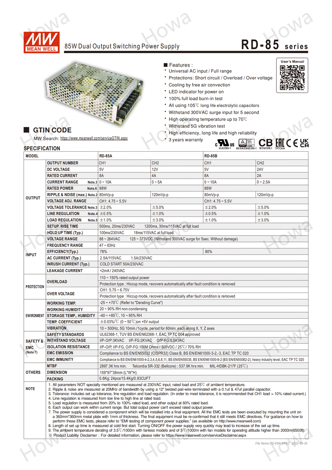 Mean Well Switching Power Supply RD-85 A/B 85W Dual Output 5V12V24V Regulator