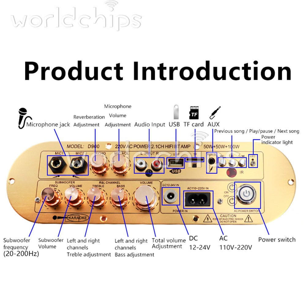 D900 Amplifier Board 2.1 Channel BLE5.0 Digital Amp Board Adjustable Bass Treble