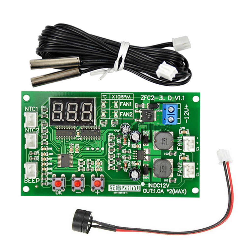 12V Fan Speed Controller 3-wire Digital Display Dual Ways Temperature Thermostat