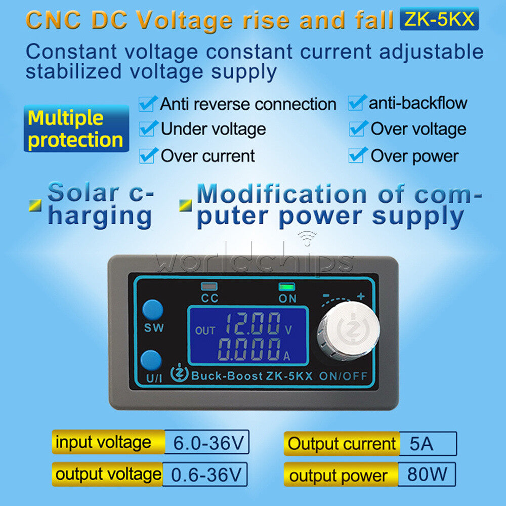 ZK-5KX CNC DC DC Buck Boost Converter CC CV 0.6-36V 5A Power Module Adjustable