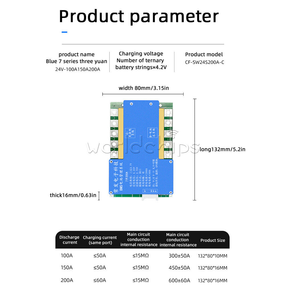 7S 24V 100/150/200A Li-ion Battery Protection Board with Balanced Temperature