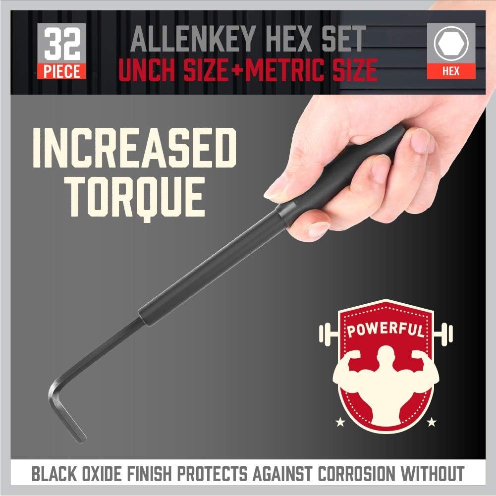 32-Piece Hex Key Wrench Set, Metric and SAE Allen Wrenches (0.028-3/8 Inch, 0.7-