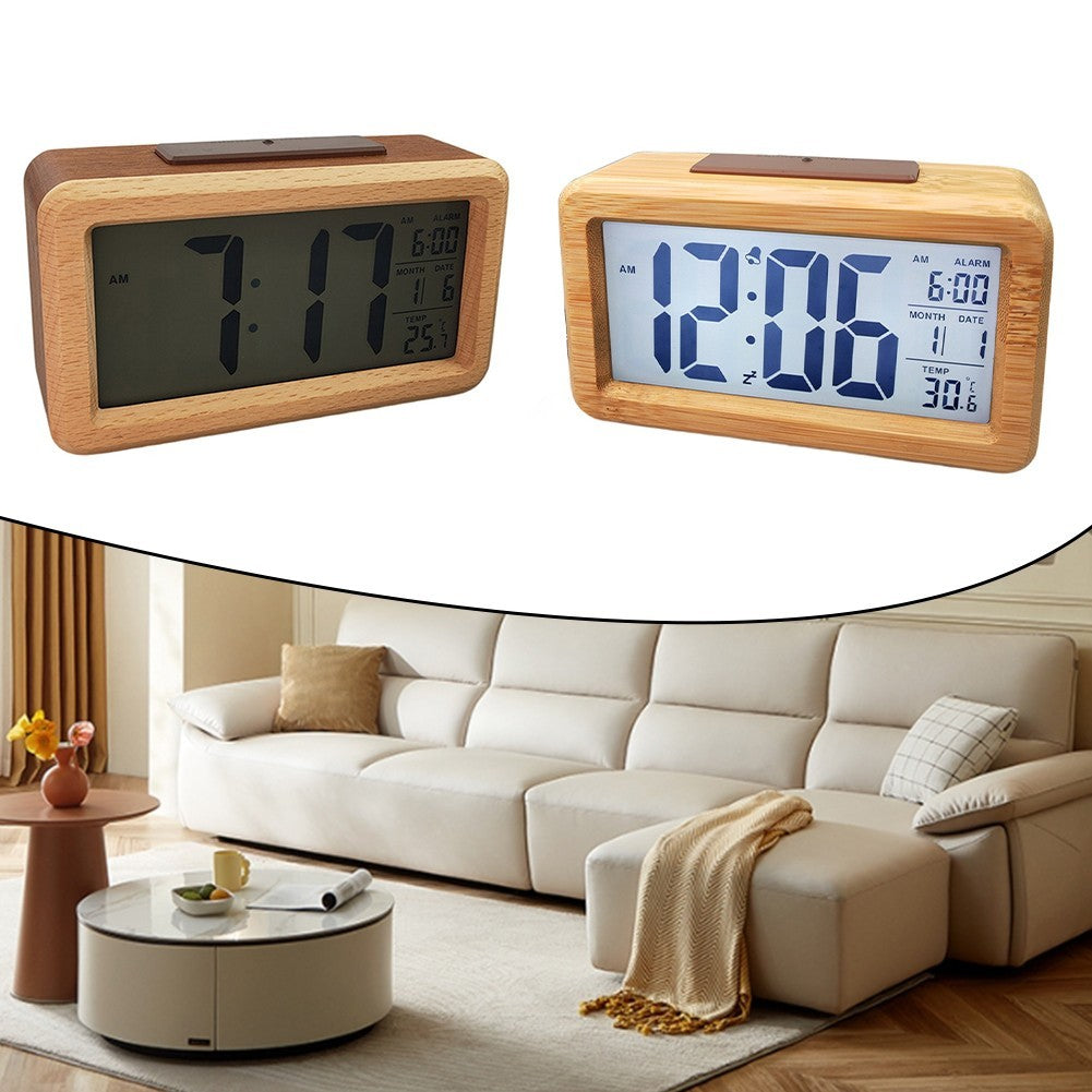 Wooden Digital Alarm Clock with Temperature Display for Home and Office