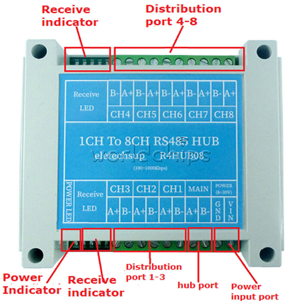 8 Port RS485 Hub Industrial Grade 485 Bus Repeater Serial Port Signal Amplifier