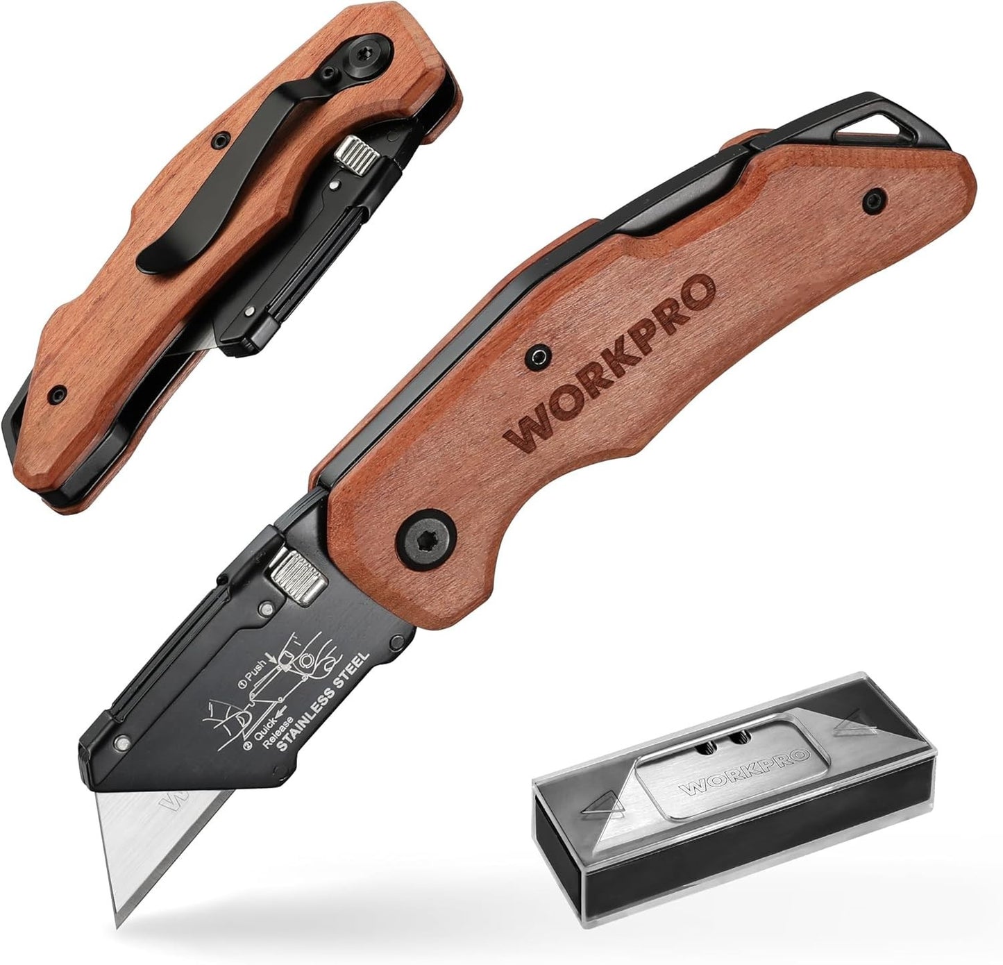 Folding Utility Knife with Stainless Steel Head, Quick-Change Blade & Back Lock,