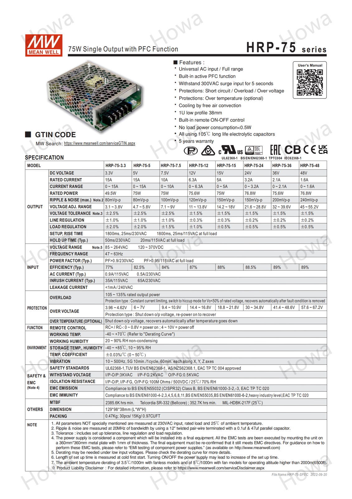 Mean Well Switching Power Supply Module HRP-75 5V12V24V36V48V 75W with PFC