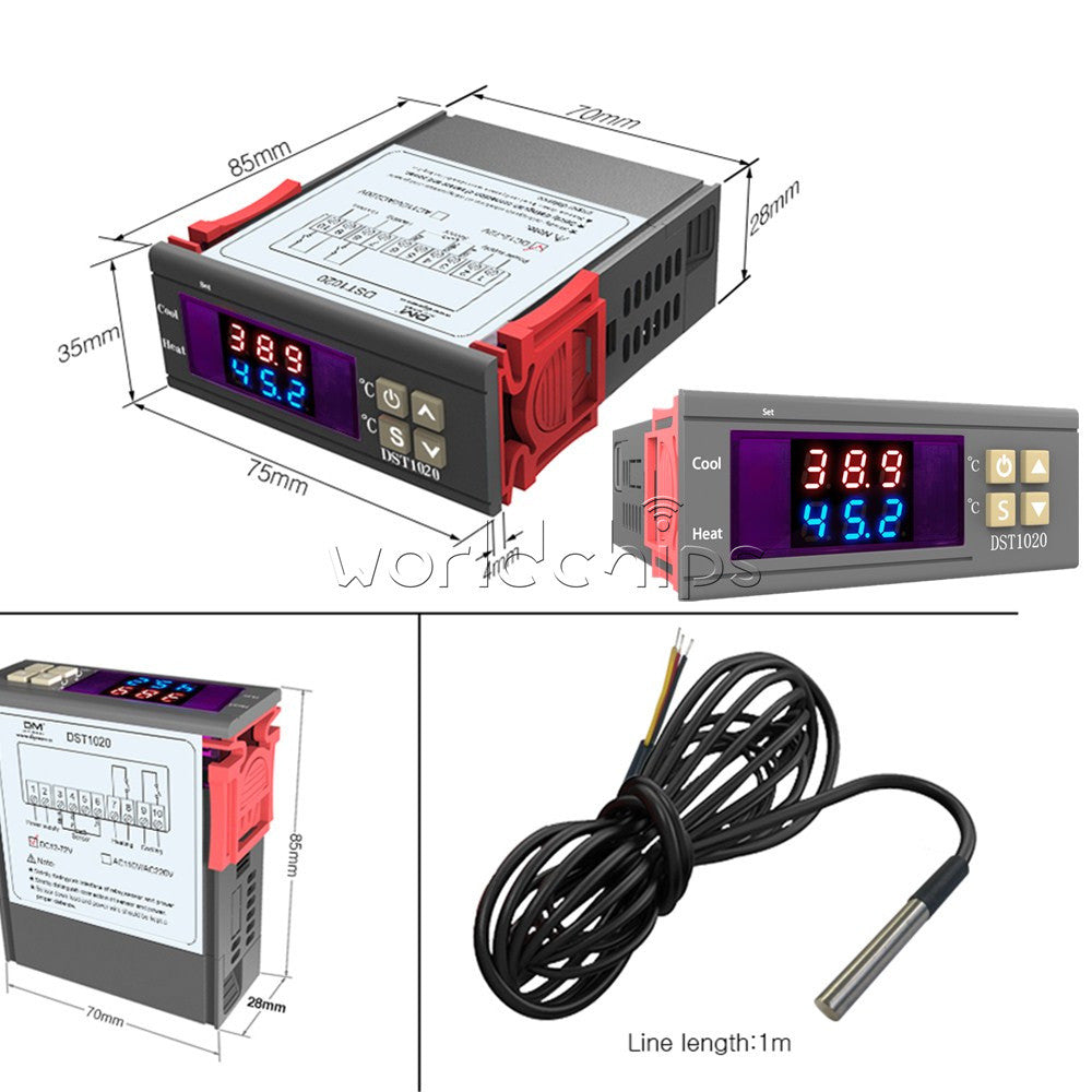 DST1020 Dual Display LED Digital Thermostat Temperature Controller DS18B20 Probe
