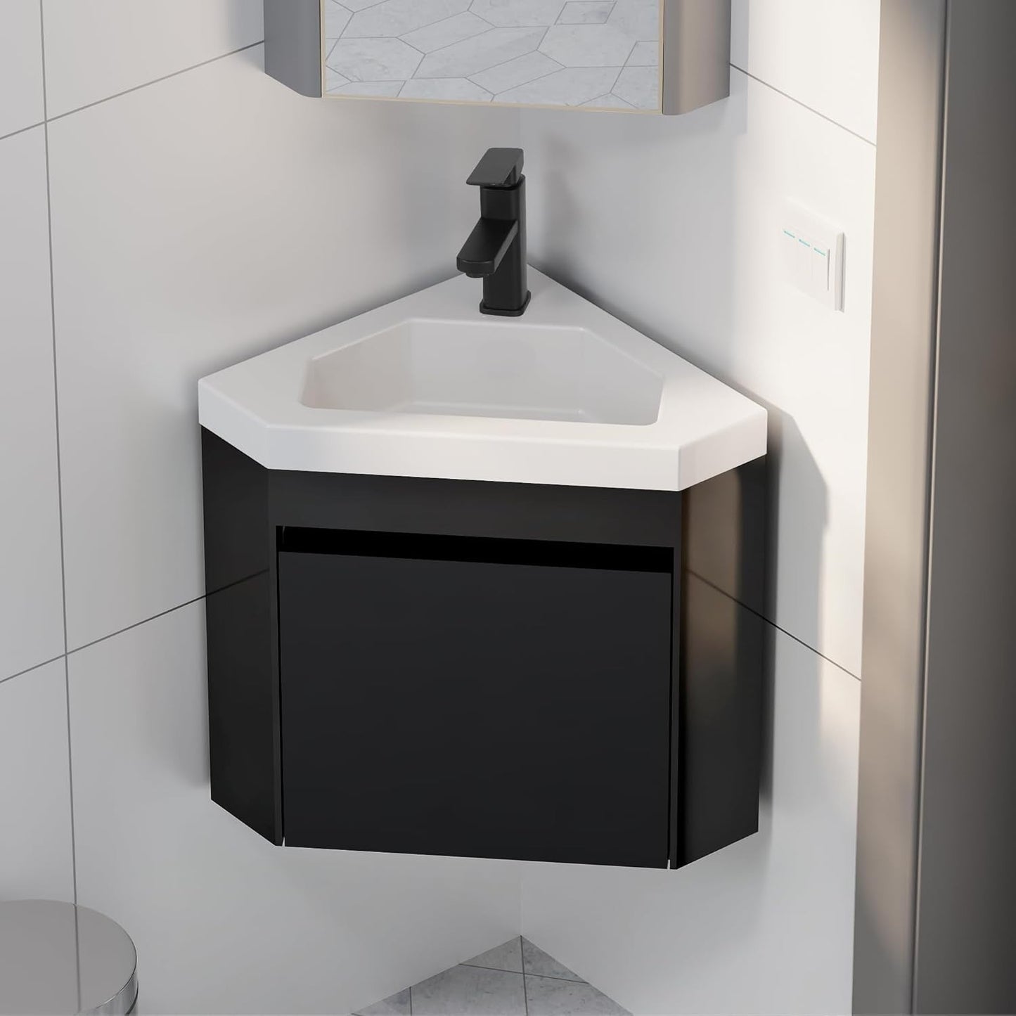 Corner Bathroom Vanity Sink Combo, 22" Wall Mounted with White Resin Sink