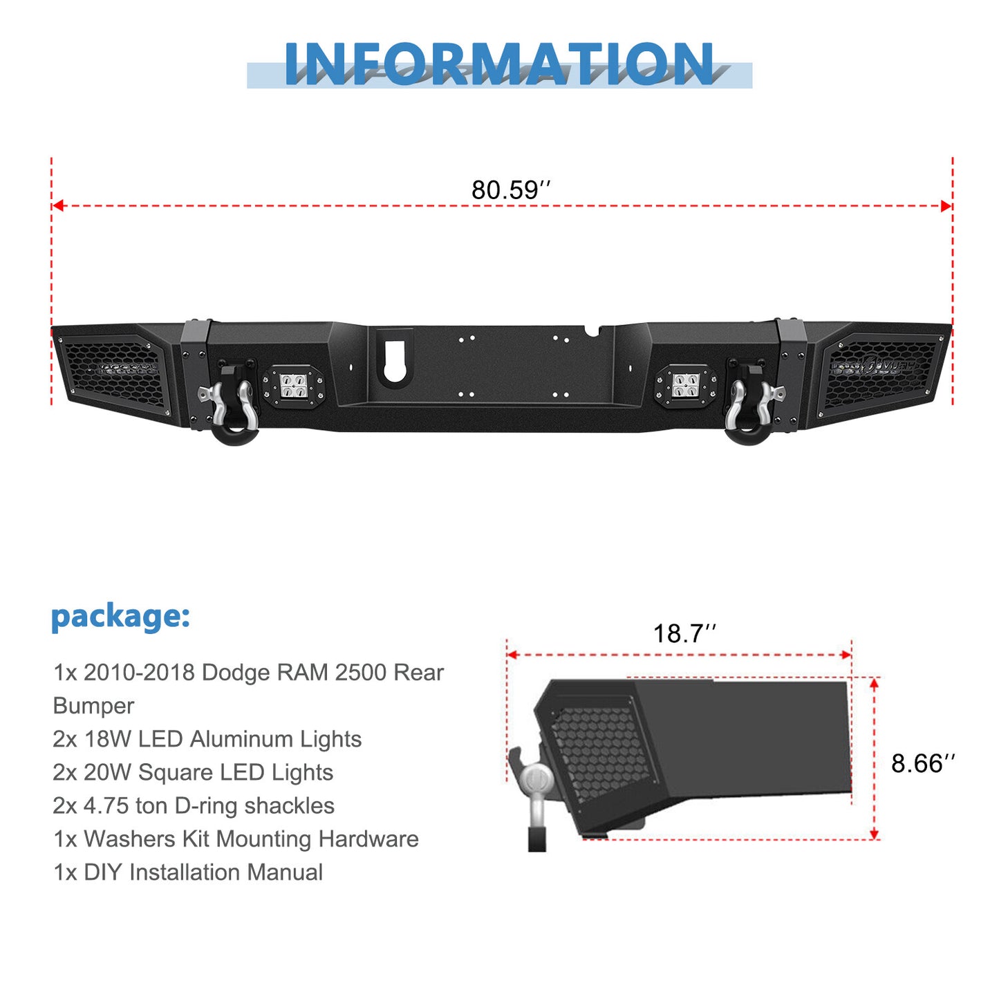 Textured Heavy Duty Rear Bumper Guard w 4 LEDs For 2010-2018 Dodge Ram 2500 3500