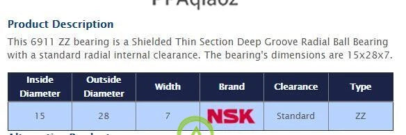 1PC NSK 6911 ZZ Deep Groove Radial Ball Bearing 15x28x7mm #P