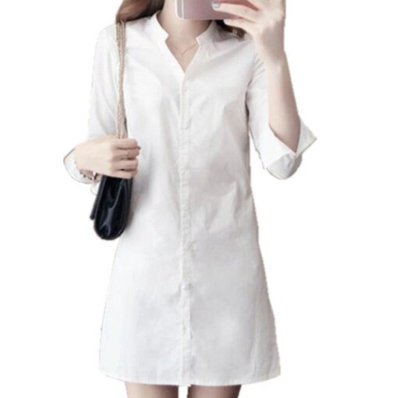 Women Girls Casual White Shirt Long Sleeve V-Neck Slim Fit  for MINI Shirt Dress