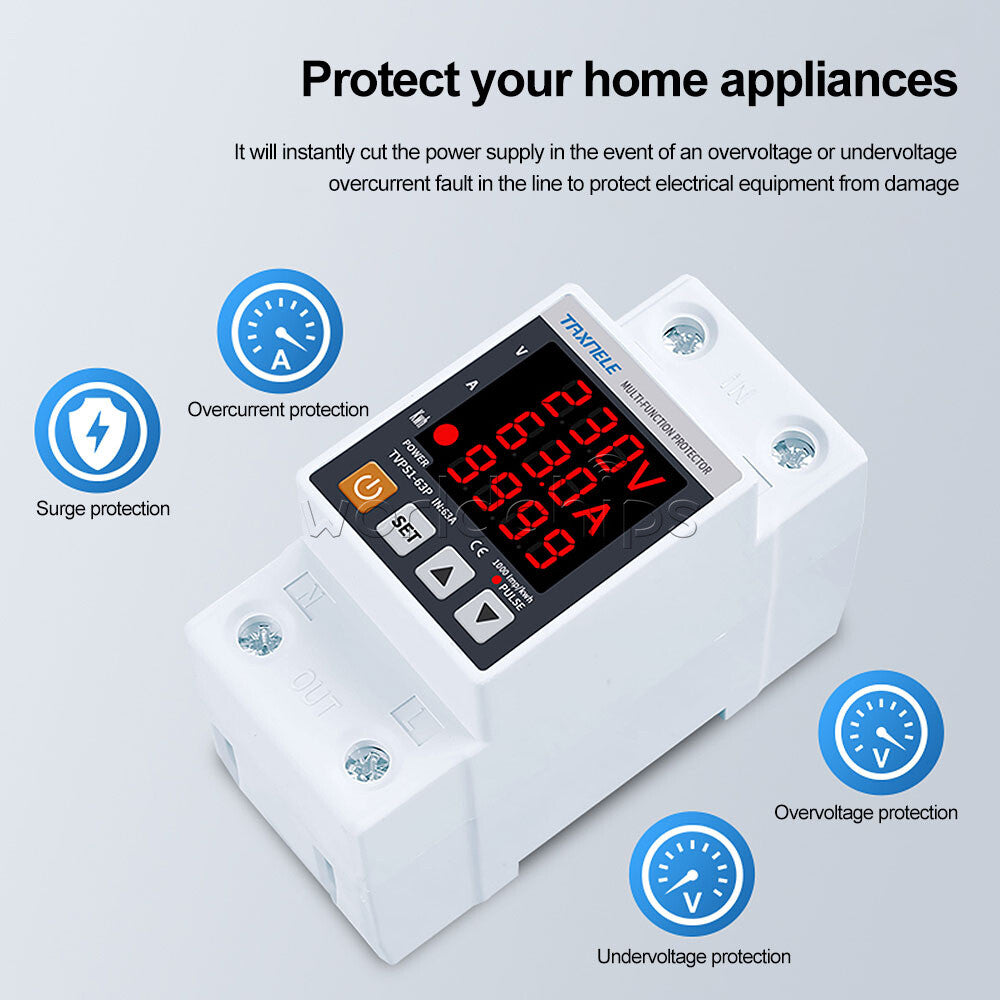AC230V 63A Digital Din Rail Over Under Voltage Current Protection Energy Meter