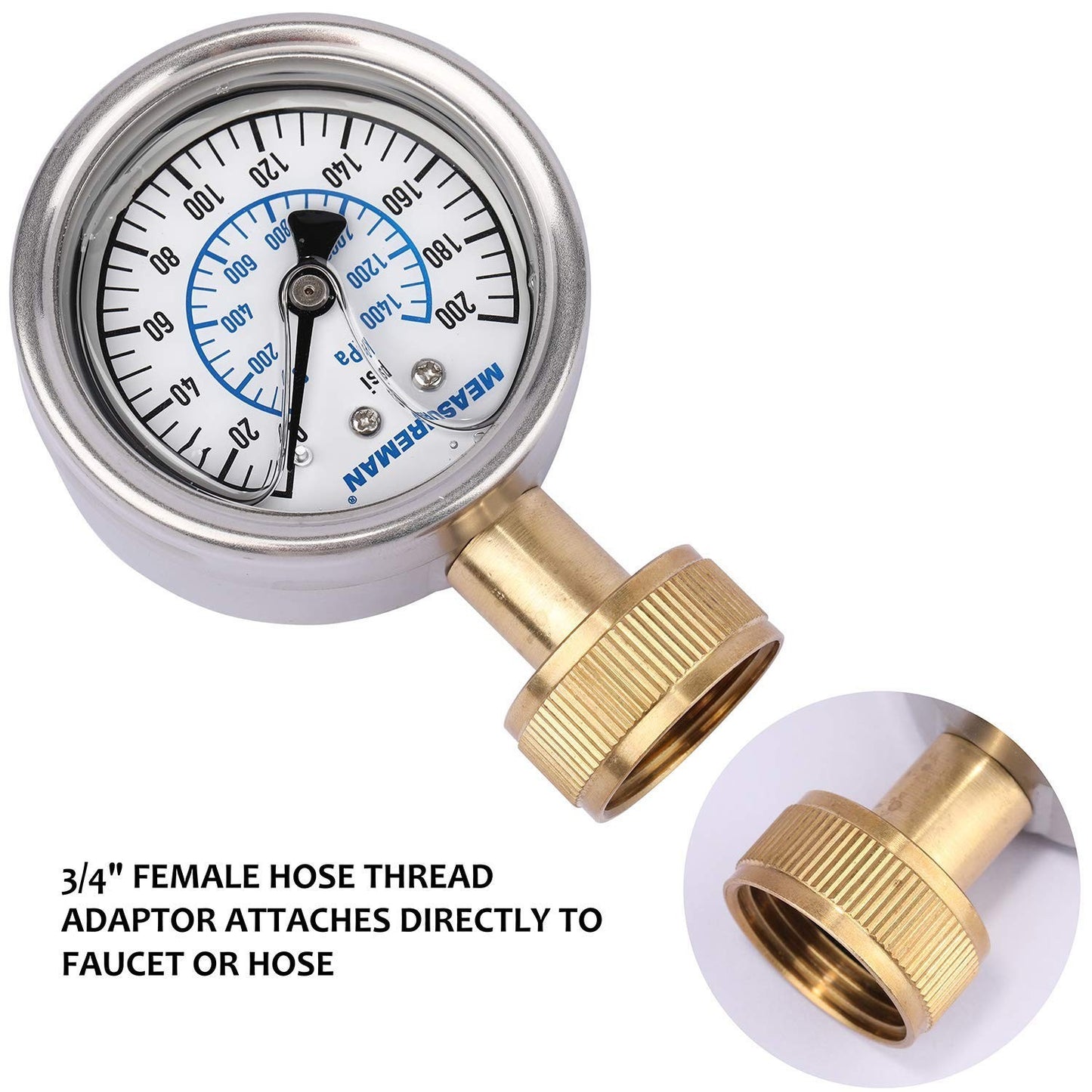 2-1/2" Glycerin Filled Stainless Steel Water Pressure Test Gauge, 3/4" Female Ho