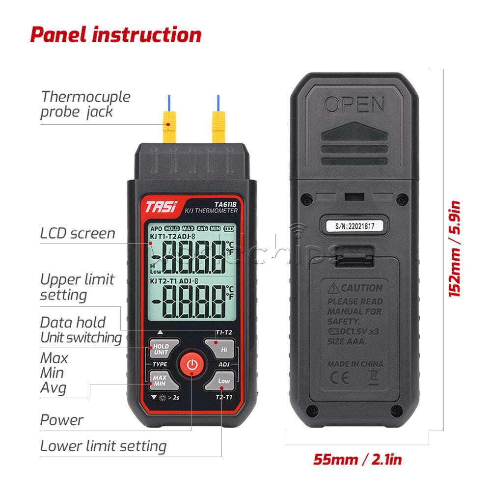 TASI TA611A/B Digital Thermocouple K/J Thermometer Contact Temperature Tester