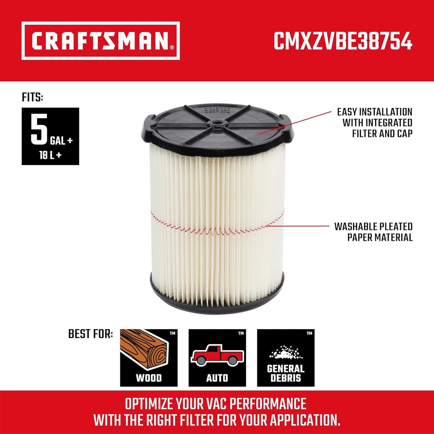 CMXZVBE38754  General Purpose Wet Dry Vac Replacement Vacuum Filter for M
