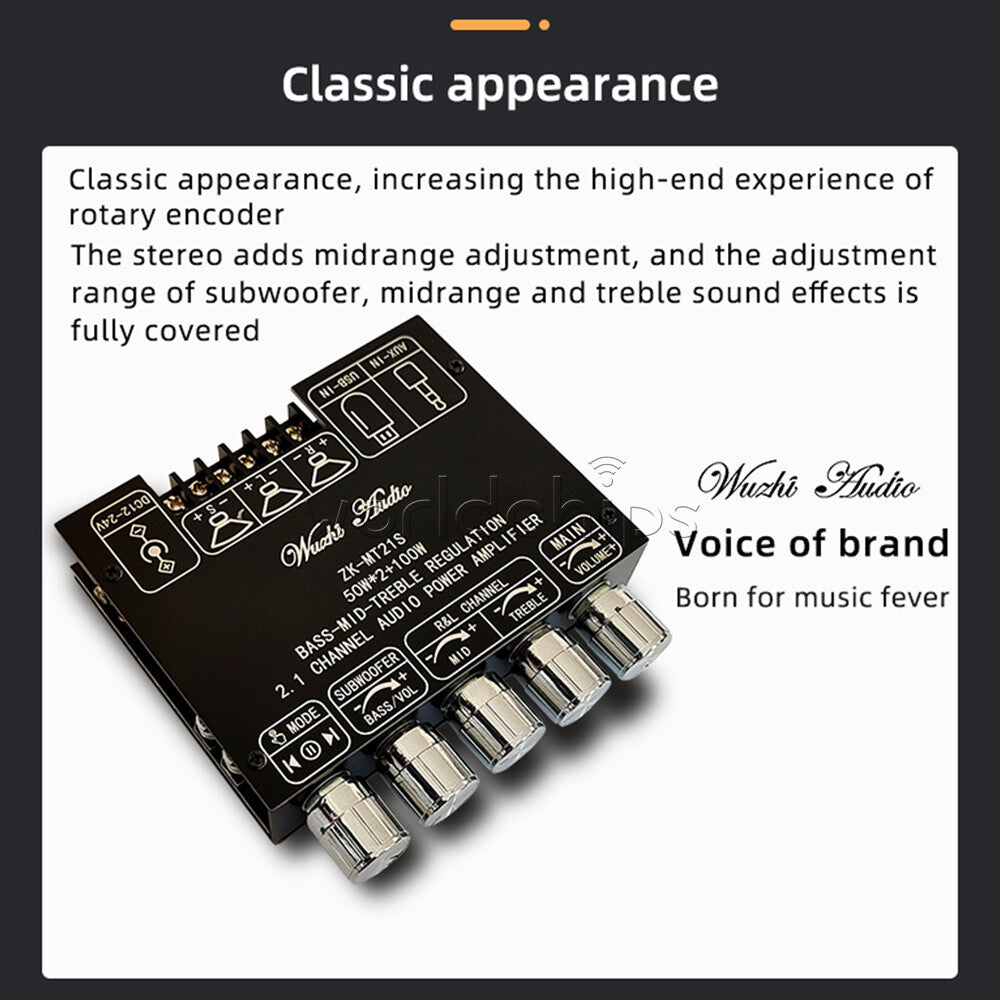 Bluetooth 5.0 Audio Amplifier Module High Low Tone 50W*2 Stereo +100W Subwoofer
