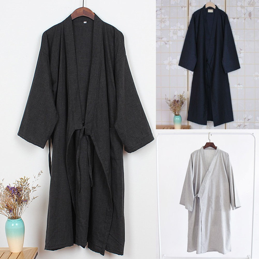 Casual Men's Cotton Home Robe Kimono Yukata Bathrobe Pajamas With Belt