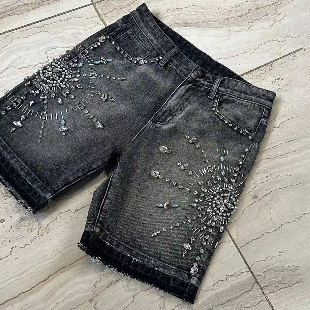 Casual Men's High Waist Shorts Featuring Unique Gothic Rhinestone Sequin Style
