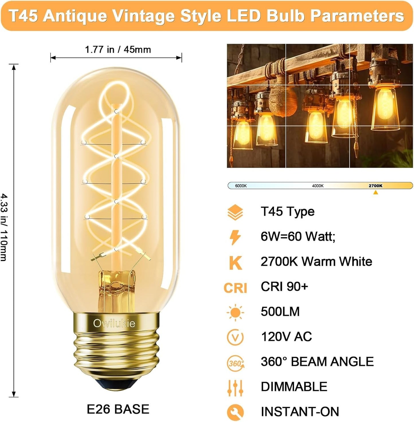 E26 LED Bulb 6W Equivalent 60 Watt, Vintage Edison Bulbs, Warm White 2700K Amber