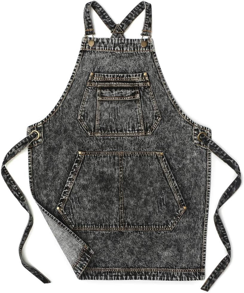 Denim Apron with Pockets, Adjustable Cross Straps, for Work & Crafts